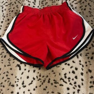 Nike Red and White Athletic Shorts with Curved Hem